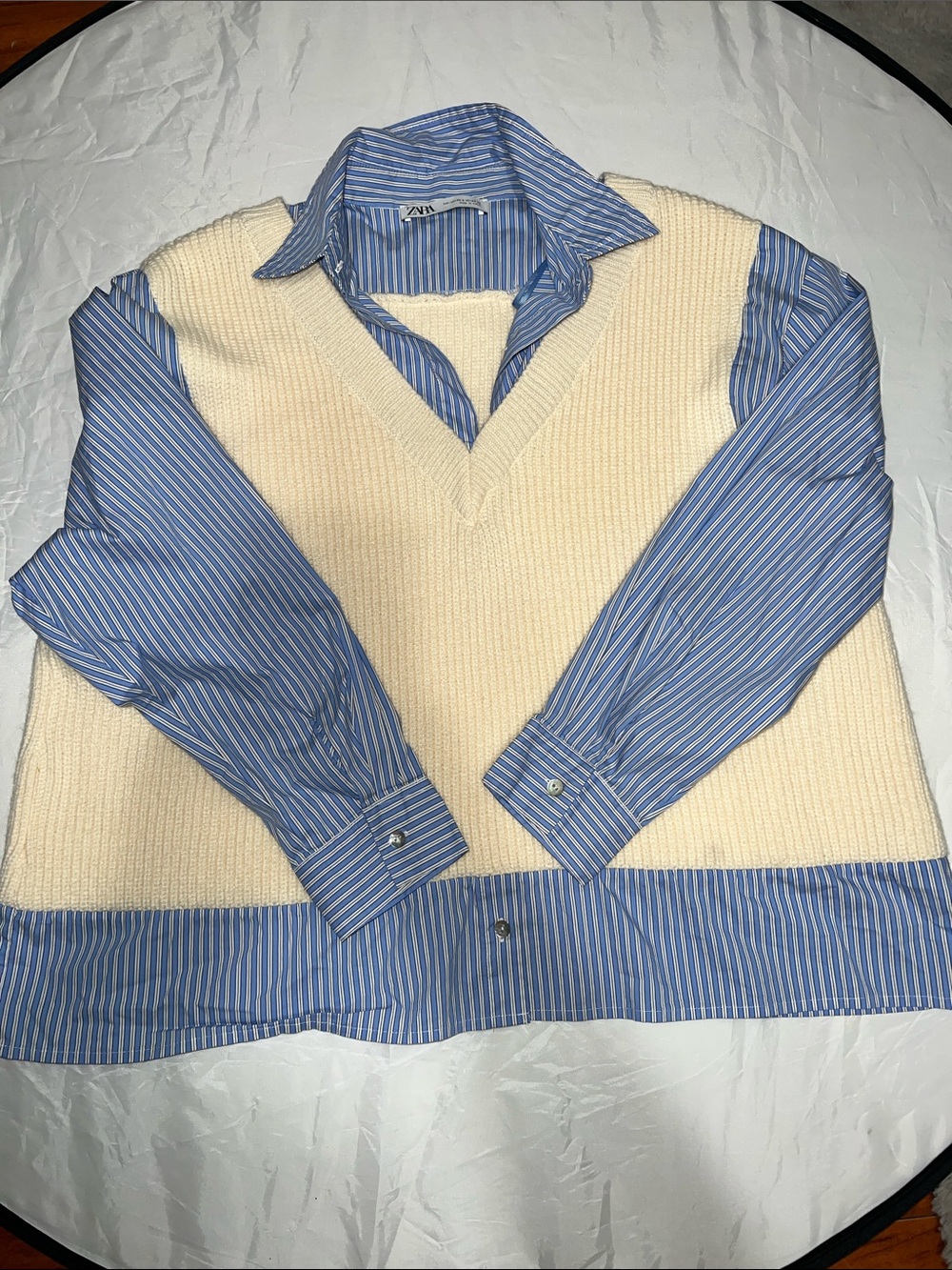ZARA Blue Striped Shirt with Cream Knit Vest Layer